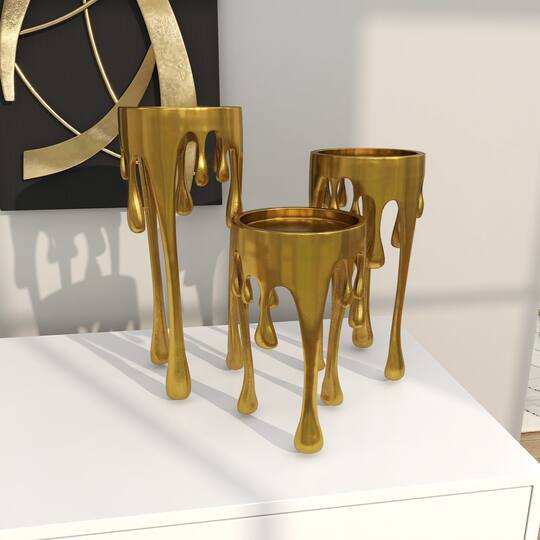 CosmoLiving by Cosmopolitan Gold Aluminum Pillar Candle Holder with Dripping Melting Designed Legs Set